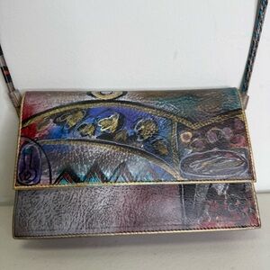 NEW Jane Yoo Hand Painted Leather Shoulder Bag Vintage 8x5”